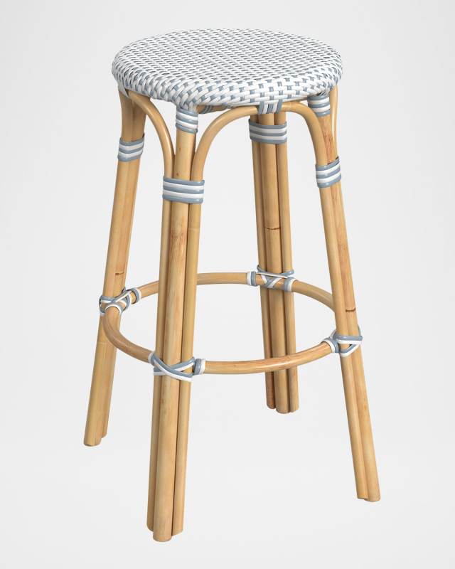 Tobias 30" Rattan Bar Stool, White/Sky Blue Dot